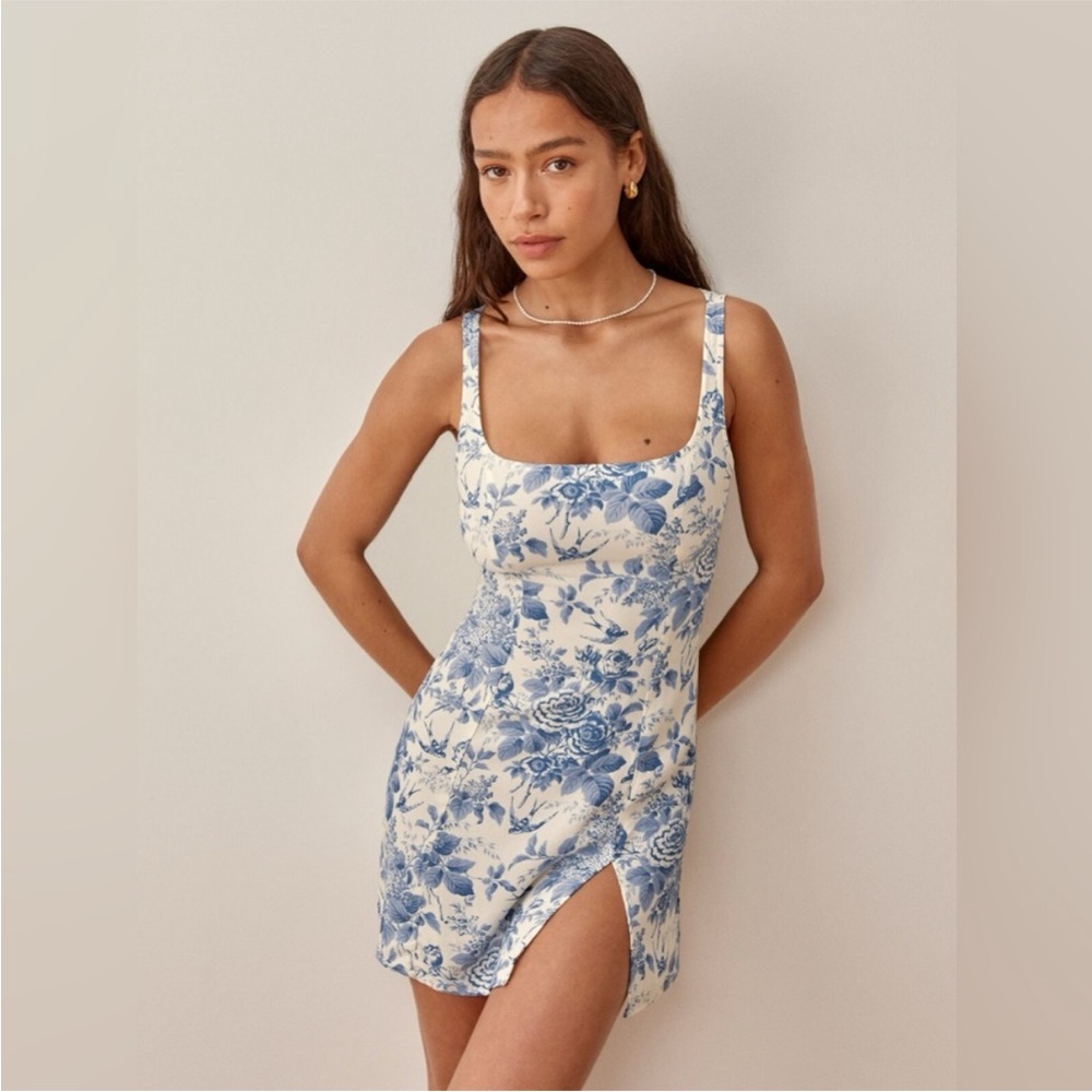 Reformation Cream and Blue Floral Mini Dress
